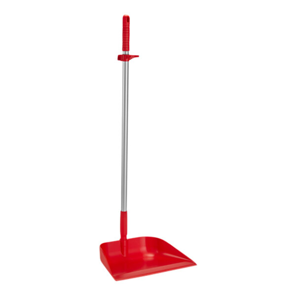 A red Vikan upright dustpan with a long silver handle.