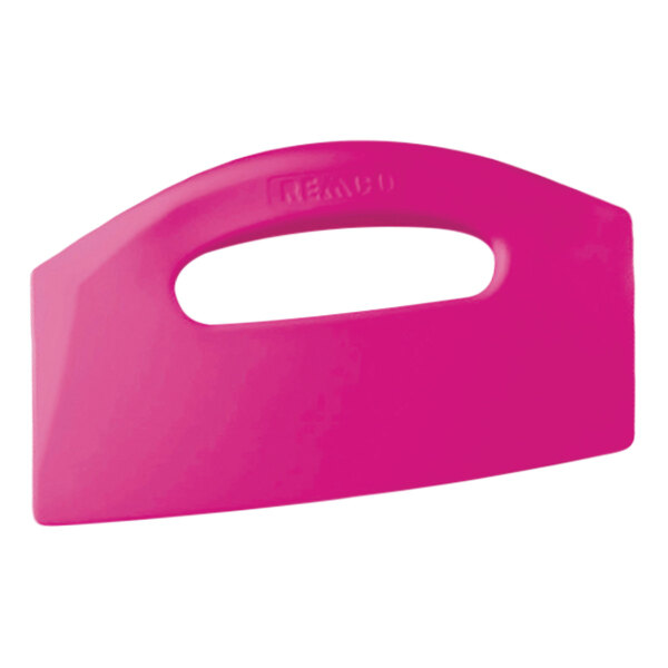 The pink polypropylene handle of a Remco bench scraper.