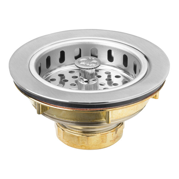 A Dearborn brass sink basket strainer with a brushed nickel finish installed in a sink drain.