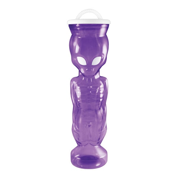 A purple plastic bottle with a white lid and a small alien on it.