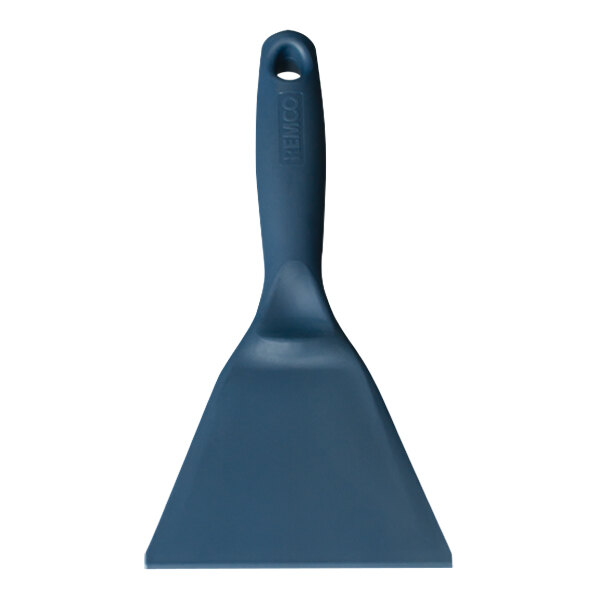 A blue metal detectable polypropylene hand scraper with a handle.