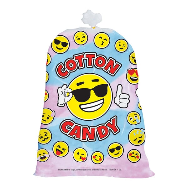 A white cotton candy bag with emoji designs.