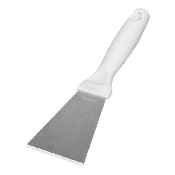 A grey rectangular Remco stainless steel scraper with a white handle.
