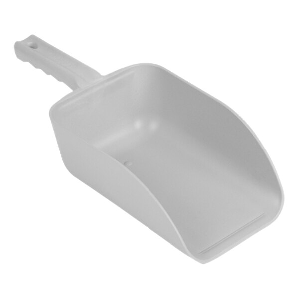 A gray plastic Remco hand scoop with a hole in the handle.