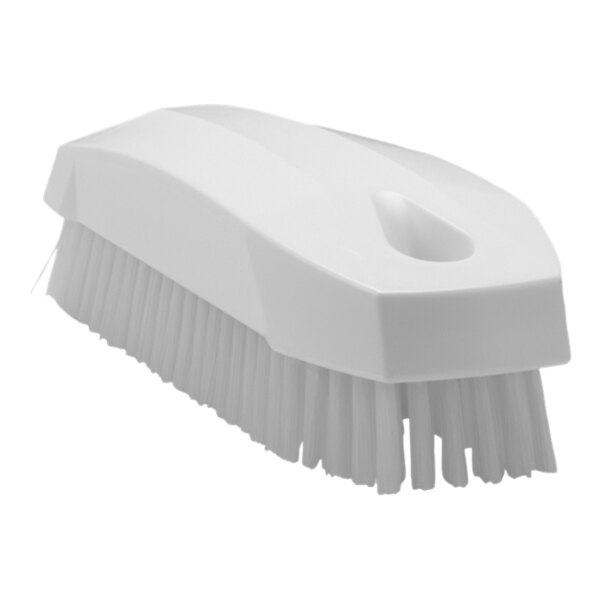 A Vikan white hand/nail brush with stiff bristles and a handle.