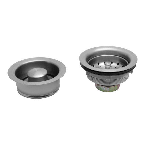 Two brushed nickel stainless steel sink basket strainers and stoppers over a sink drain.