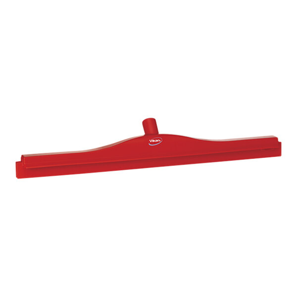 A red Vikan floor squeegee with a plastic handle.