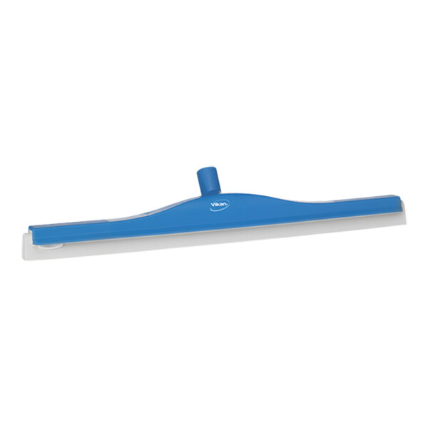 A blue plastic Vikan floor squeegee with a white revolving neck.