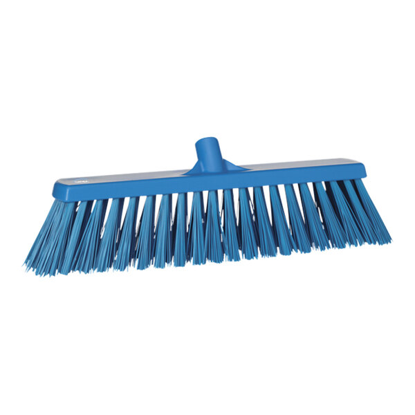 A blue Vikan broom head with long bristles on a white background.