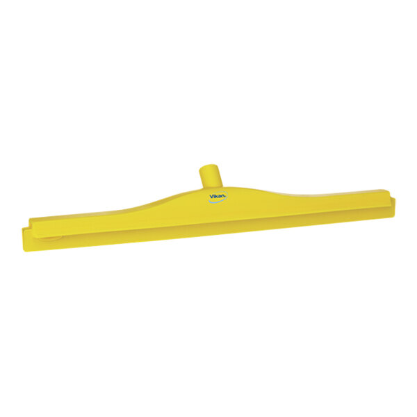 A yellow Vikan floor squeegee with a plastic handle.