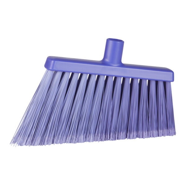 A purple Vikan angled broom head with flagged bristles.
