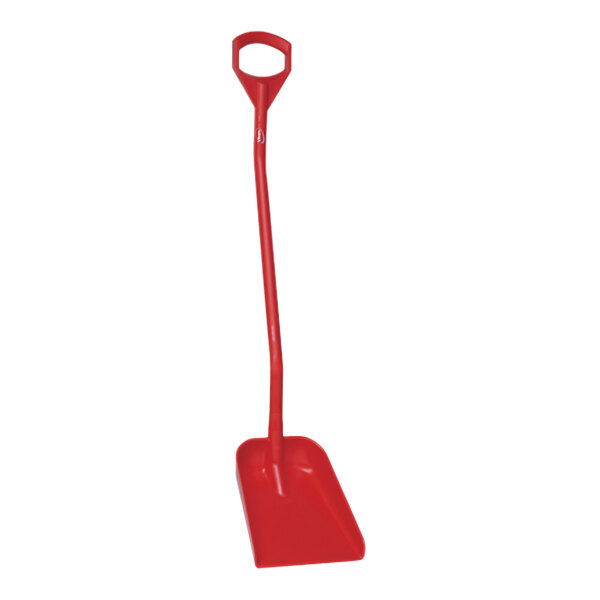 A red Vikan food service shovel with a long handle on a white background.