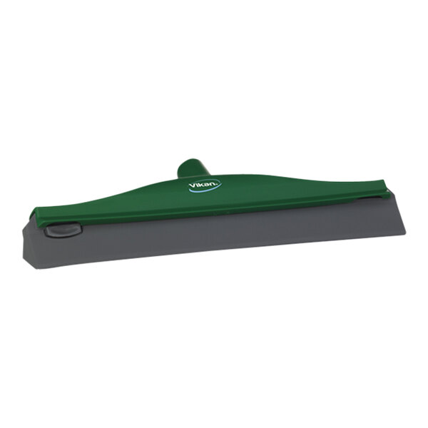 A green Vikan single blade squeegee with a plastic frame.