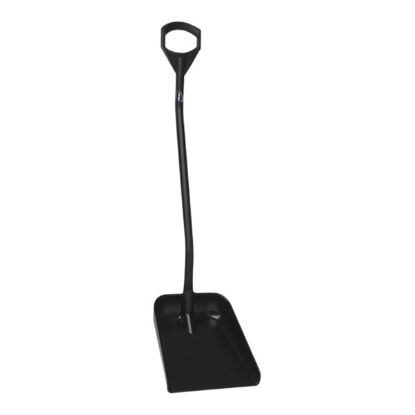 A black Vikan food service shovel with a long handle.