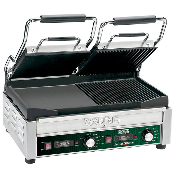 A Waring commercial panini grill with two grooved and two smooth pans on the top.