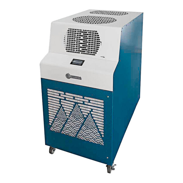 A blue and white Kwikool Iceberg Series portable air conditioner.