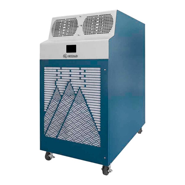 A blue and white Kwikool Iceberg Series portable air conditioner with a vent.
