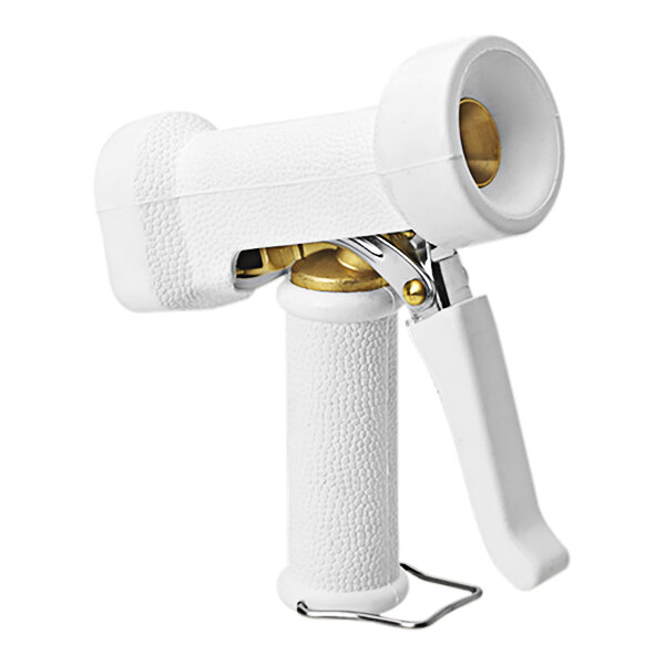 A white Vikan front trigger water gun with a gold handle.