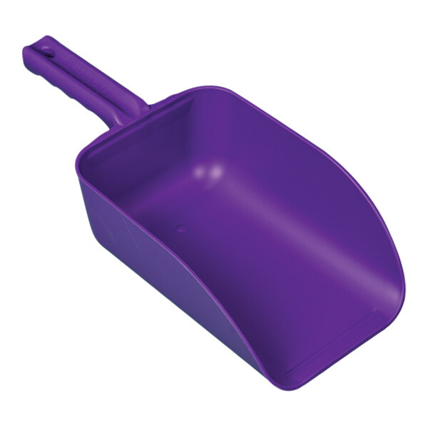 A purple plastic scoop with a handle.