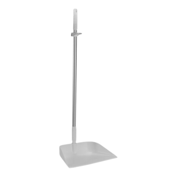 A white Vikan upright dustpan with a long handle.