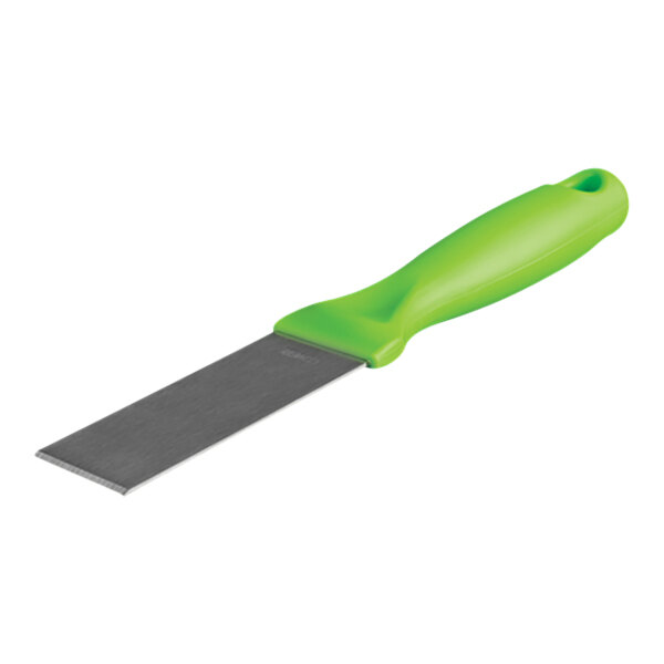 A close-up of a Remco stainless steel scraper with a lime green handle.