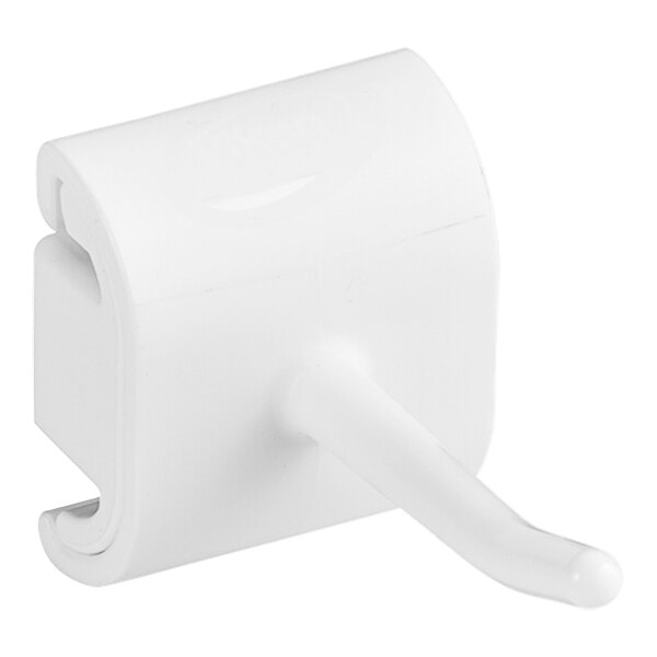 A white plastic Vikan wall bracket with a hook.