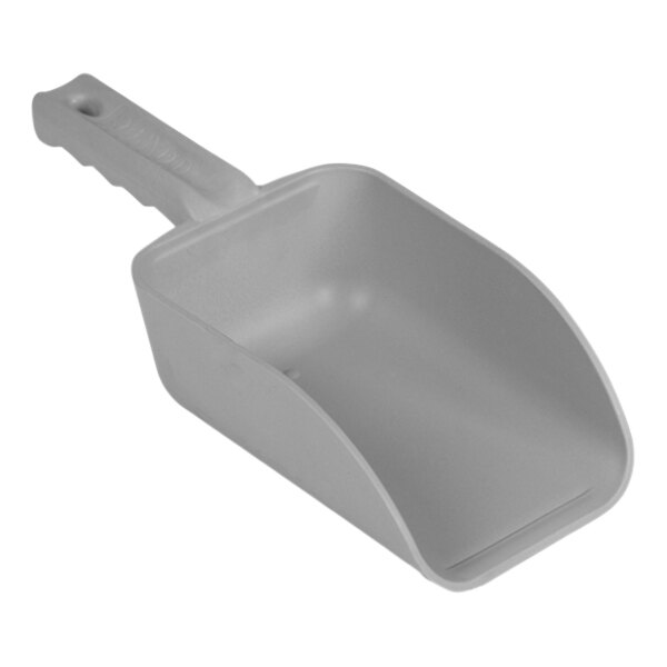 A gray metal detectable plastic hand scoop with a handle.