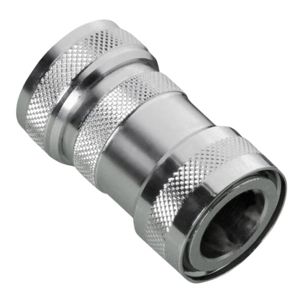 A close-up of a metal Vikan watertight coupling with black and silver threading.
