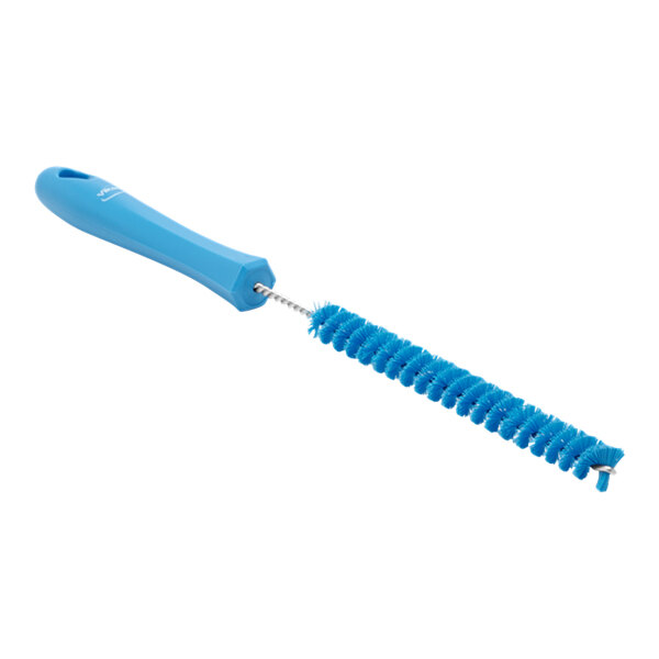 A blue brush with a long handle.