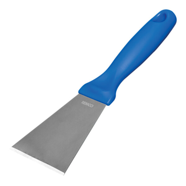 A Remco stainless steel scraper with a blue handle.