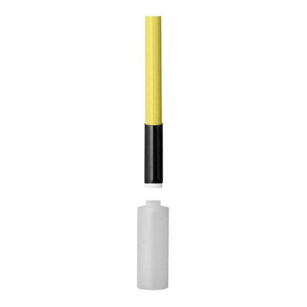A white cylindrical object with black and yellow lines on the handle.