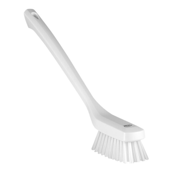 A Vikan white narrow cleaning brush with a long handle.