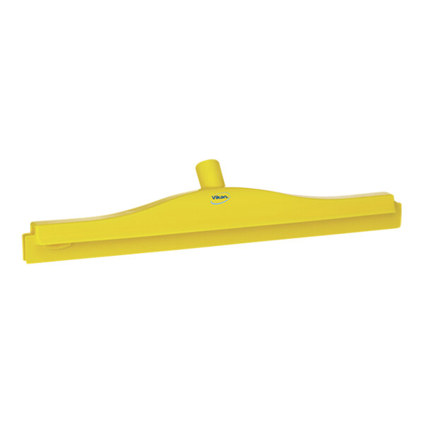 A close up of a Vikan yellow plastic floor squeegee with a handle.