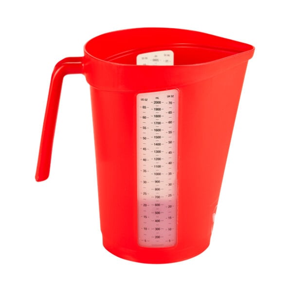 A red plastic Vikan measuring jug with a measuring scale.