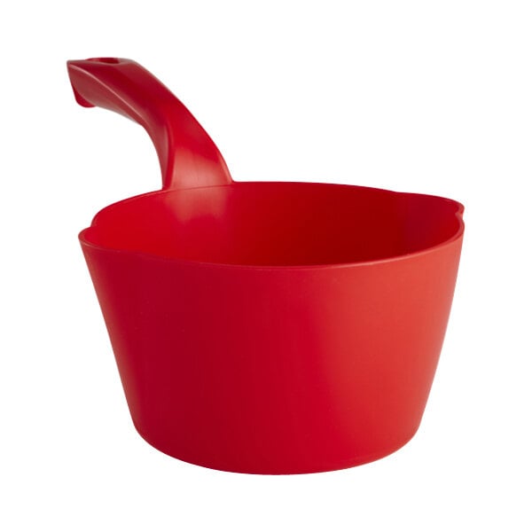 A red polypropylene round scoop with a handle.