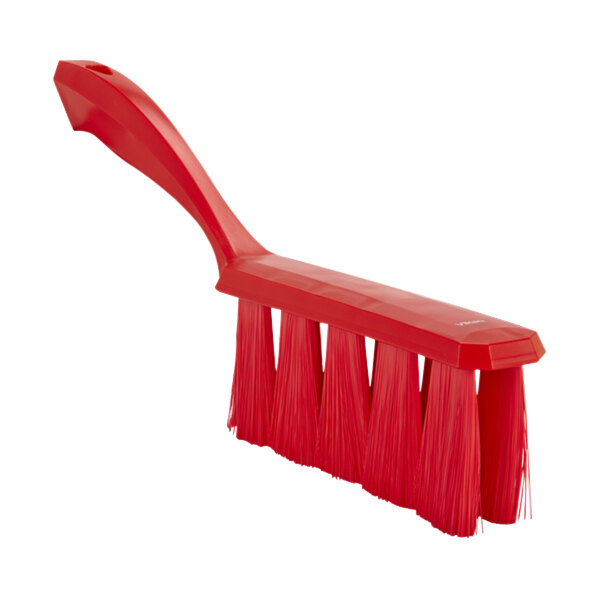 A red Vikan bench brush with a long handle and soft bristles.