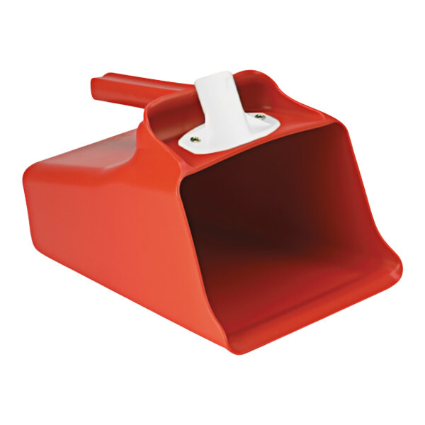 A red plastic scoop with a white handle.