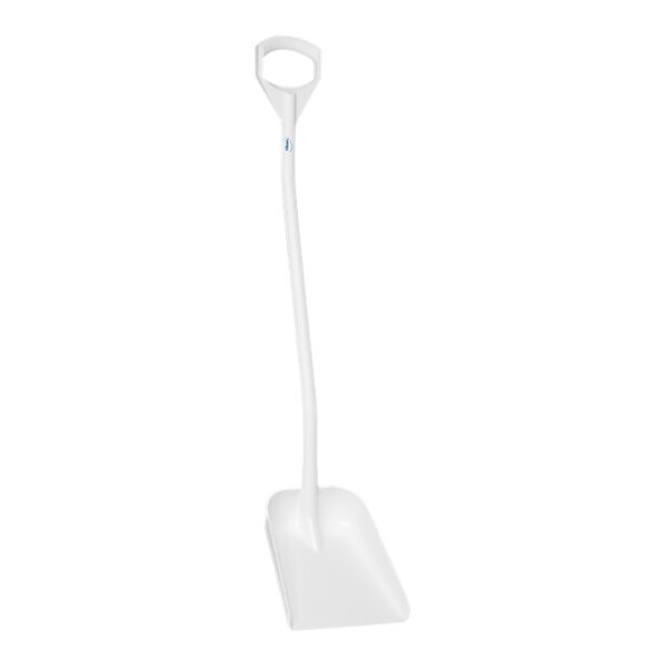 A white polypropylene food service shovel with a black handle.