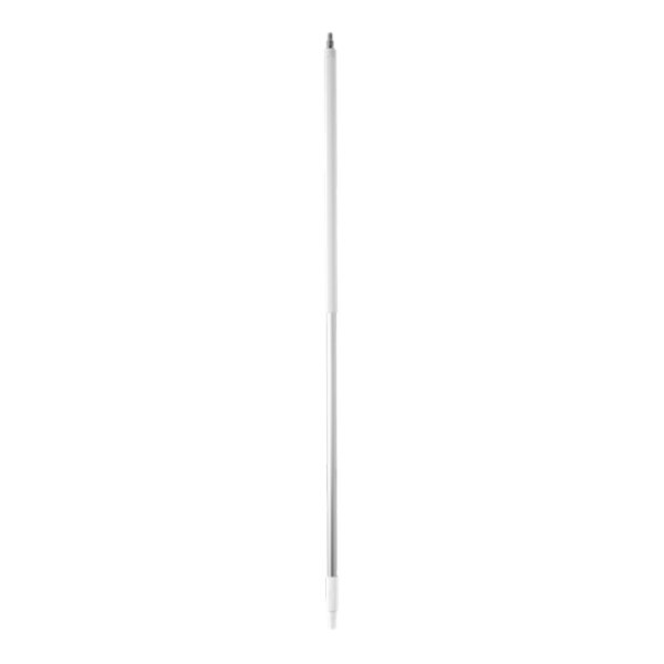 A white metal pole with a black threaded handle.