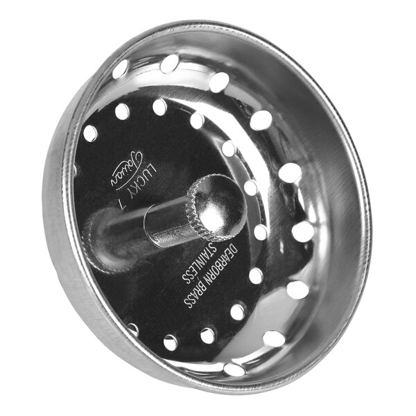 A stainless steel Dearborn sink strainer with holes in it.