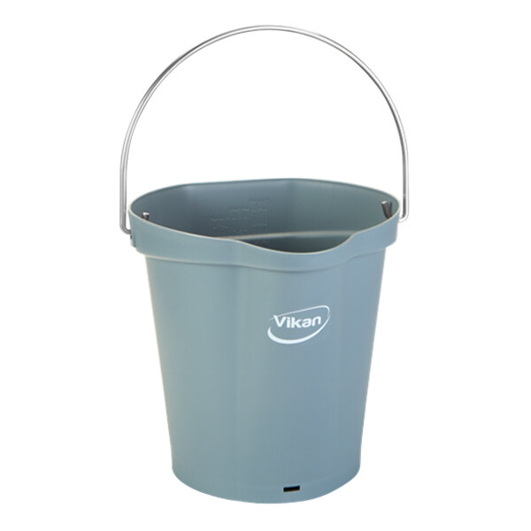 A grey plastic bucket with a handle.