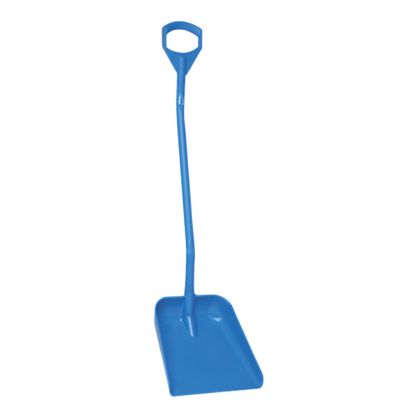 A blue shovel with a long blue handle.