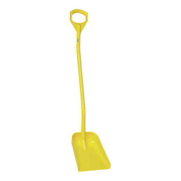 A yellow Vikan food service shovel with a long handle.