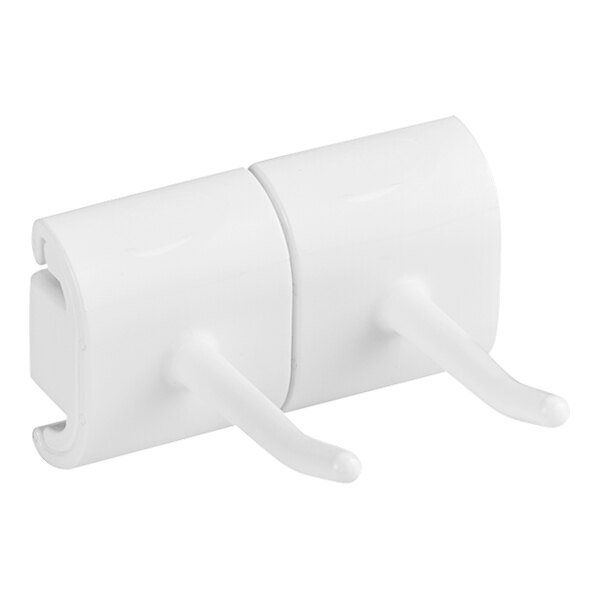 A white plastic Vikan wall bracket with two double hooks.