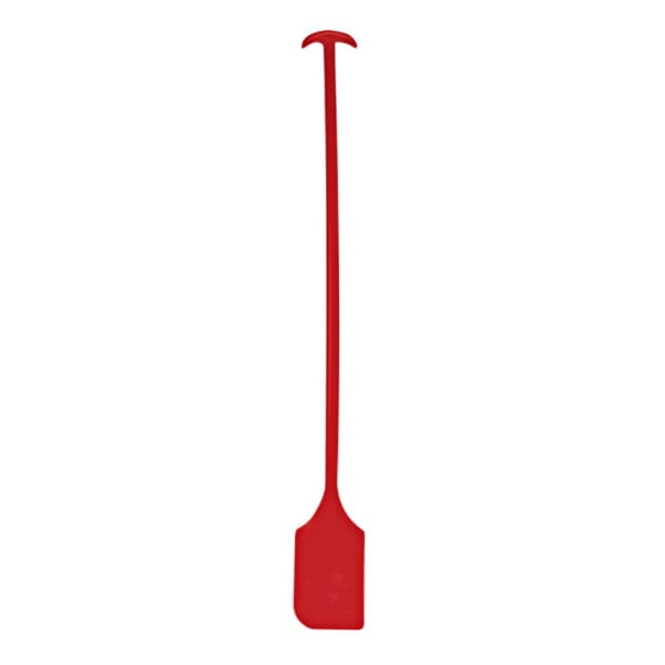 A red paddle with a long handle.