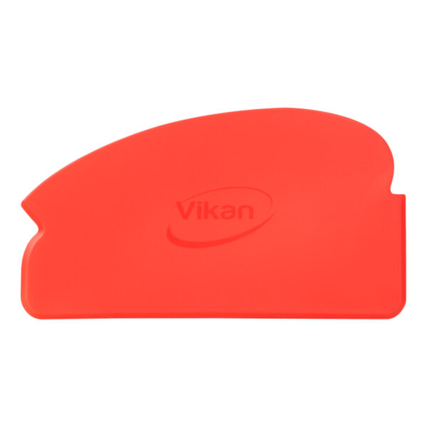 A red Vikan flexible hand scraper with a logo.