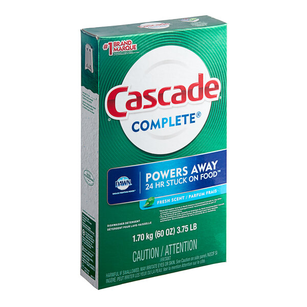 A green and white box of Cascade Complete Automatic Dishwashing Detergent Powder with white text.