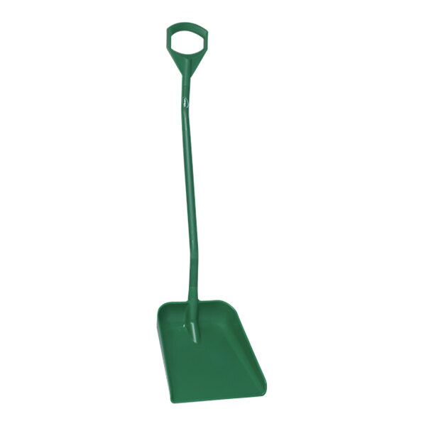 A green shovel with a long green handle.