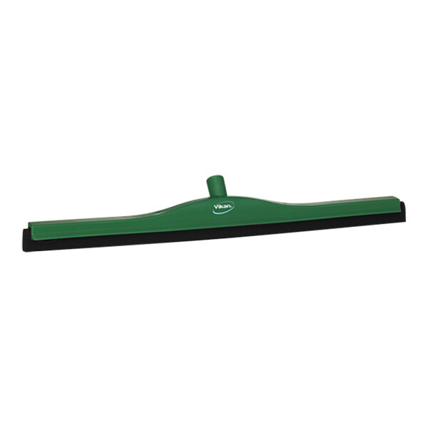 A green and black Vikan floor squeegee with a plastic frame and double blade.