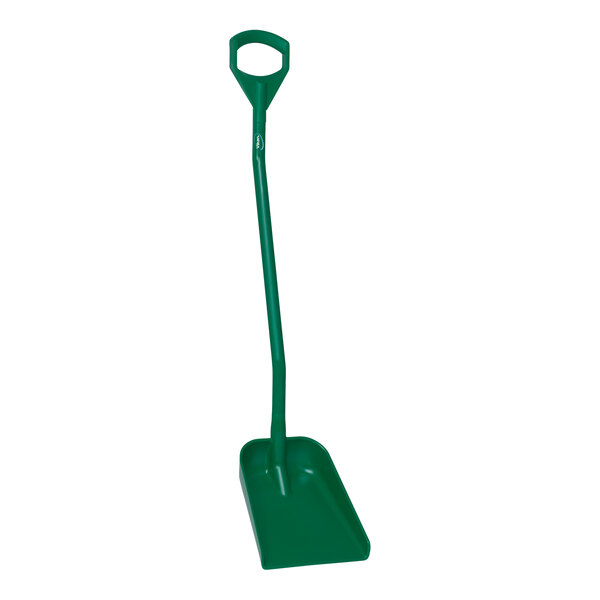 A green Vikan food service shovel with a handle.